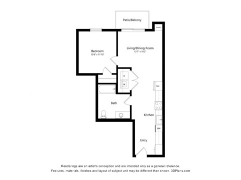 Floor plan for 1 bed, 1 bath, 660 sqft